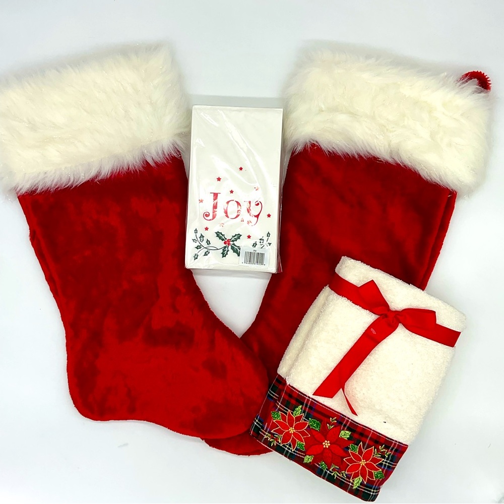 Christmas Bundle: 2 Stockings, Joy Napkins, 2 Poinsettia Towels